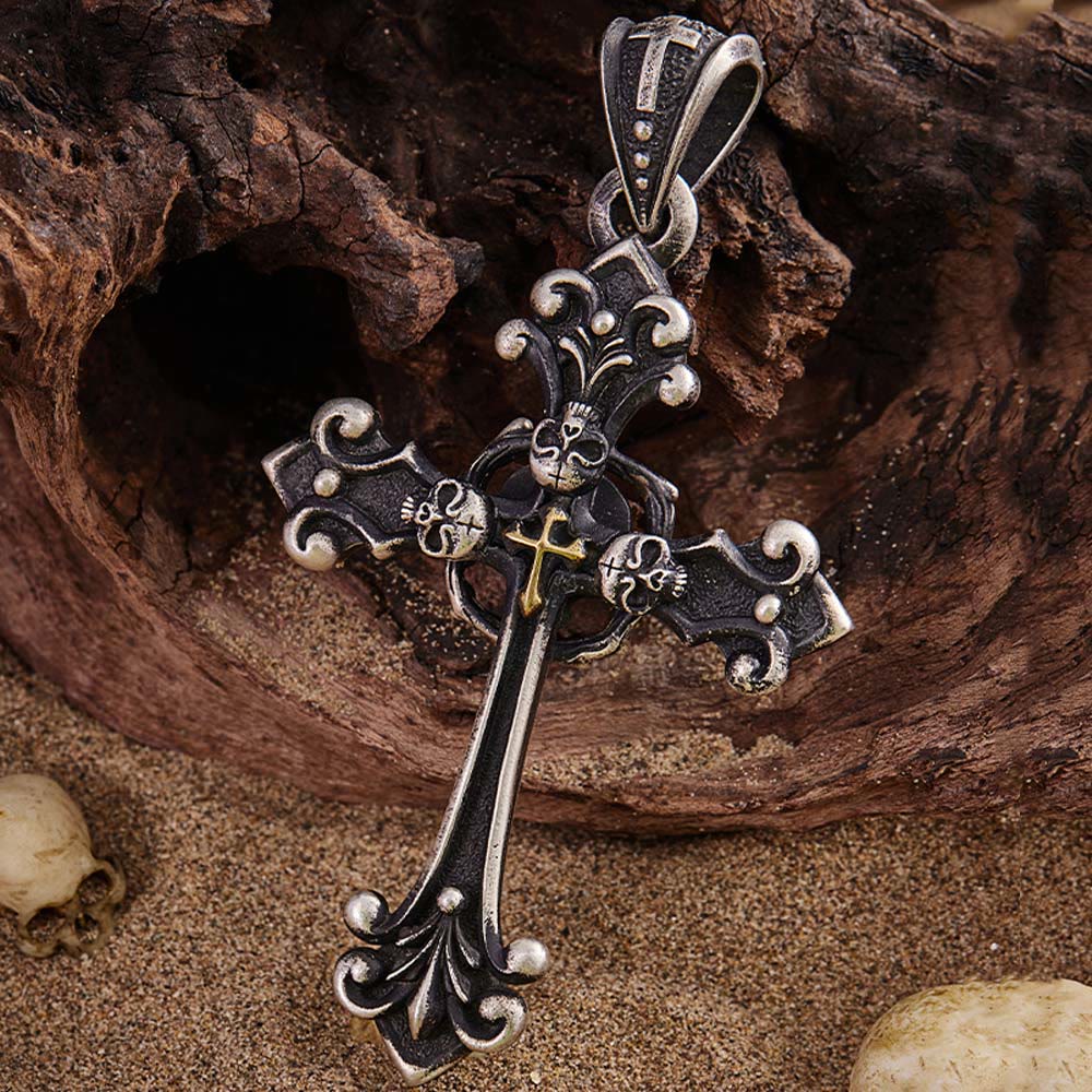Christianartworkshop Vintage-Halskette mit Heiligem Kreuz und Totenkopf: Ein tiefgründiges Symbol für die dunkleren Abgründe des Glaubens - 925 Sterlingsilber - image 0