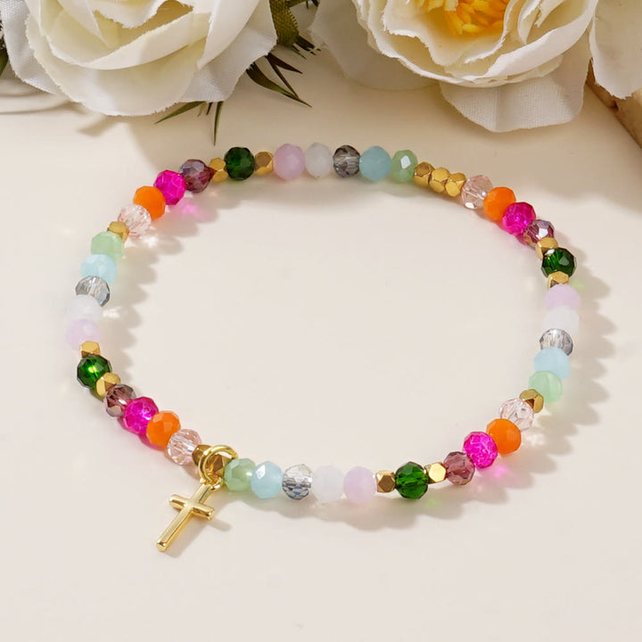 Christianartworkshop Mehrfarbiges Kristallkreuz-Armband mit gesegneter Karte: Ein lebendiges Zeichen des Glaubens