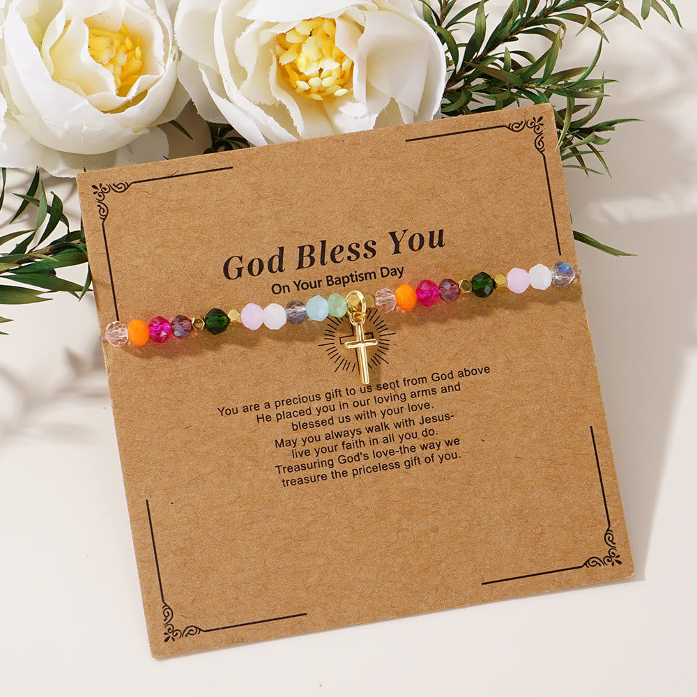 Christianartworkshop Mehrfarbiges Kristallkreuz-Armband mit gesegneter Karte: Ein lebendiges Zeichen des Glaubens