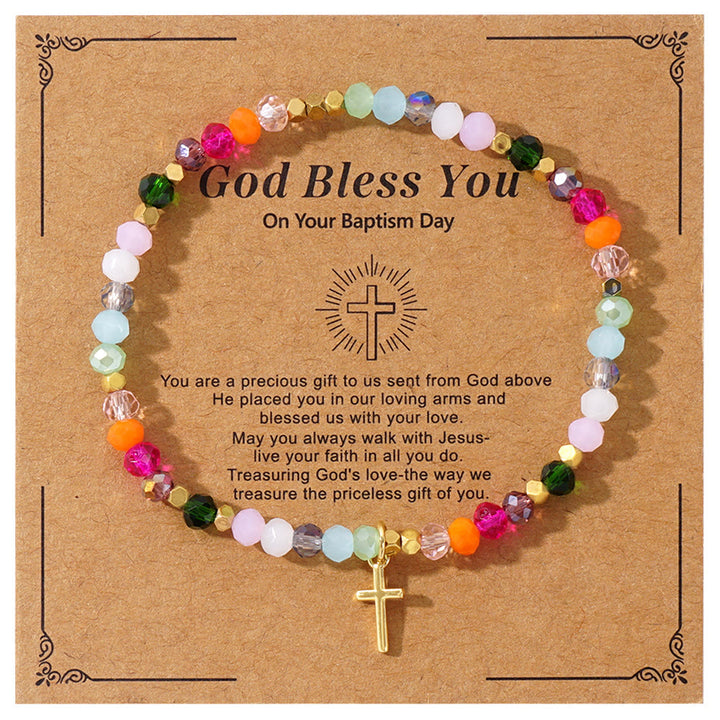 Christianartworkshop Mehrfarbiges Kristallkreuz-Armband mit gesegneter Karte: Ein lebendiges Zeichen des Glaubens