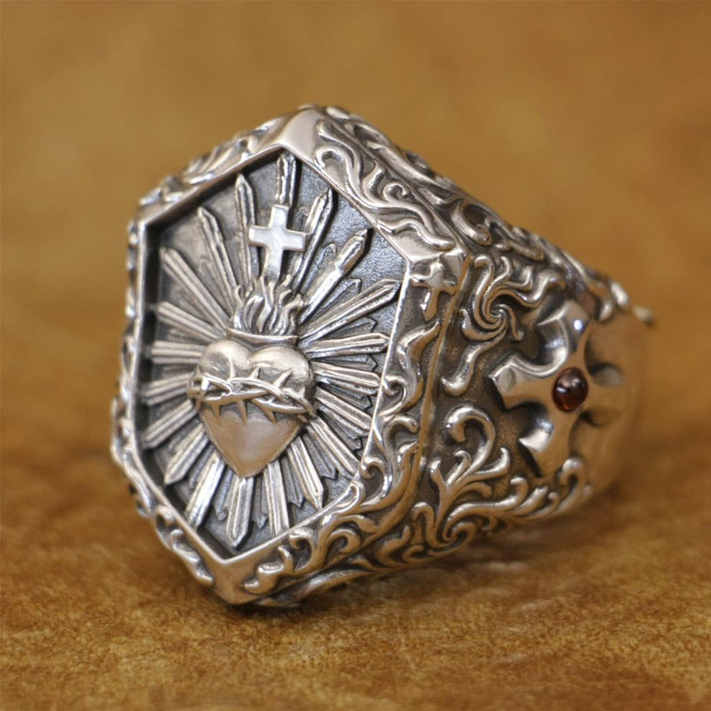Christianartworkshop Vintage-Ring aus 925er Sterlingsilber mit Dornenherz und Kreuz: Ein wertvolles Symbol spiritueller Liebe - image 1