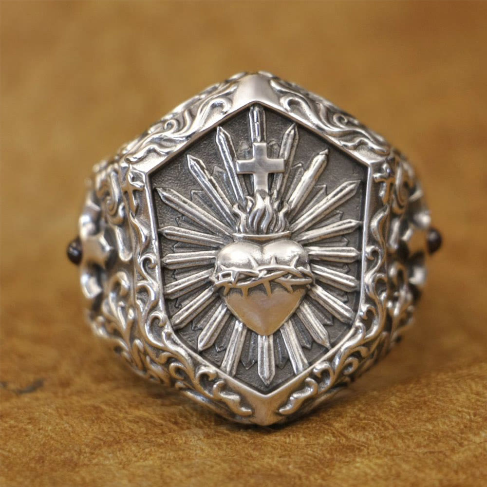 Christianartworkshop Vintage-Ring aus 925er Sterlingsilber mit Dornenherz und Kreuz: Ein wertvolles Symbol spiritueller Liebe - US 15 - image 0