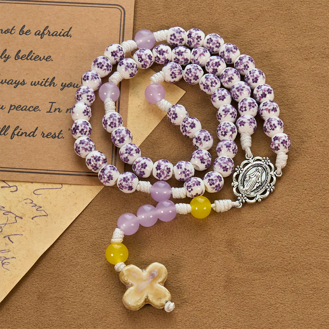 Christianartworkshop Wundertätige Medaille und Kreuz aus 8 mm Blumen-Keramikperlen, handgefertigter Rosenkranz für heilige Gebete - image 1