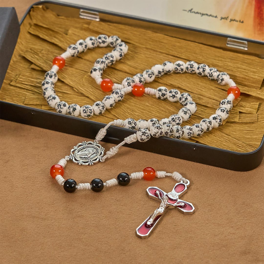 Christianartworkshop Wundertätige Medaille und Kruzifix aus 8 mm Blumen-Keramikperlen, handgefertigter Rosenkranz – Rosenkranz zum göttlichen Schutz