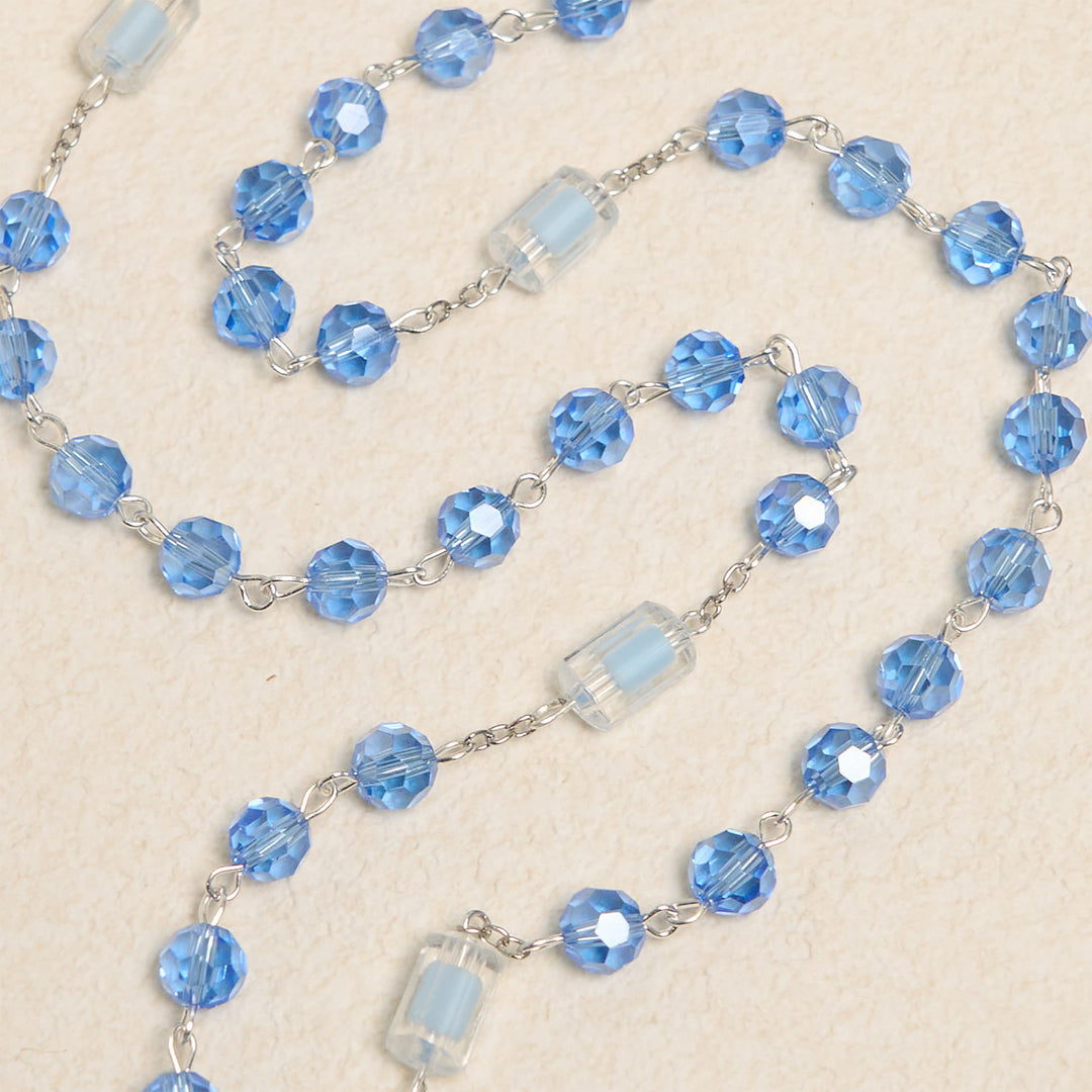 Christianartworkshop Handgefertigtes Kruzifix, blauer Kristall und Glas, Unsere Liebe Frau, Perlen, Göttliche Gnade, Rosenkranz