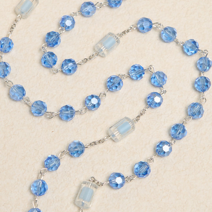 Christianartworkshop Handgefertigtes Kruzifix, blauer Kristall und Glas, Unsere Liebe Frau, Perlen, Göttliche Gnade, Rosenkranz