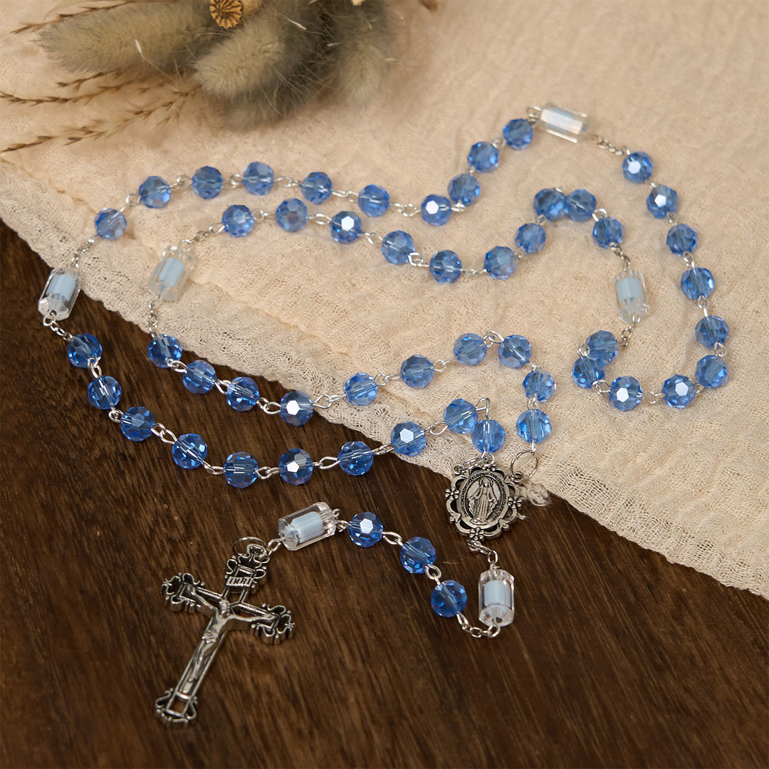 Christianartworkshop Handgefertigtes Kruzifix, blauer Kristall und Glas, Unsere Liebe Frau, Perlen, Göttliche Gnade, Rosenkranz