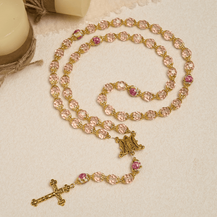 Christianartworkshop Rosa Kristallperlen mit goldener Legierungskette, Kruzifix und Gebetsrosenkranz der Jungfrau Maria