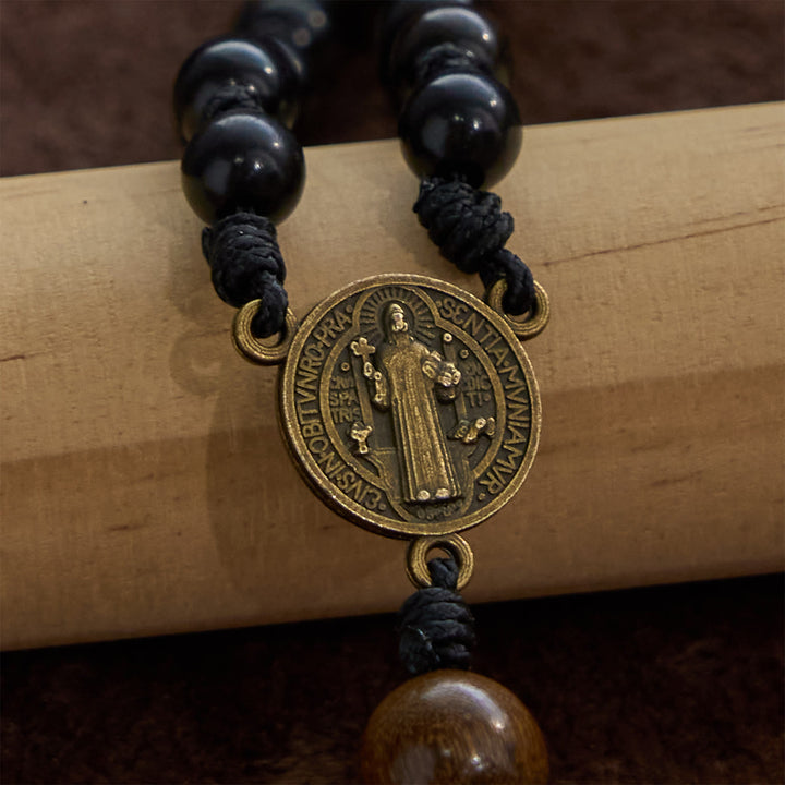 Christianartworkshop St. Benedikt-Medaille und Kruzifix aus schwarzen runden Holzperlen, gesegneter Andachtsrosenkranz