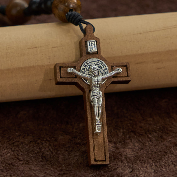 Christianartworkshop St. Benedikt-Medaille und Kruzifix aus schwarzen runden Holzperlen, gesegneter Andachtsrosenkranz