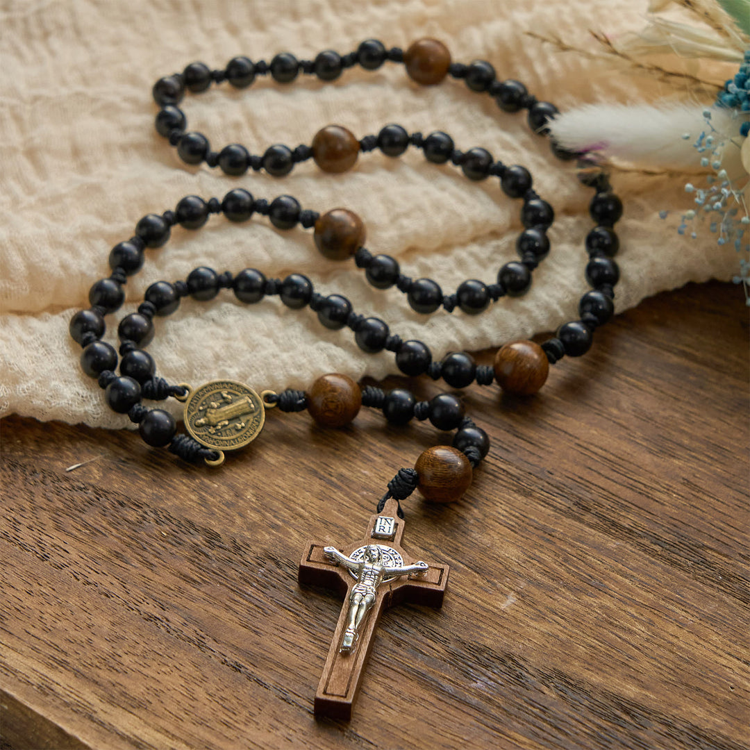 Christianartworkshop St. Benedikt-Medaille und Kruzifix aus schwarzen runden Holzperlen, gesegneter Andachtsrosenkranz