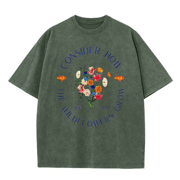 Christianartworkshop "Bedenke, wie die Wildblumen wachsen" Unisex gewaschenes T-Shirt - Armeegrün - 5XL - image 3