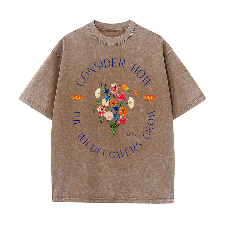 Christianartworkshop "Bedenke, wie die Wildblumen wachsen" Unisex gewaschenes T-Shirt - Kaffee - 5XL - image 4