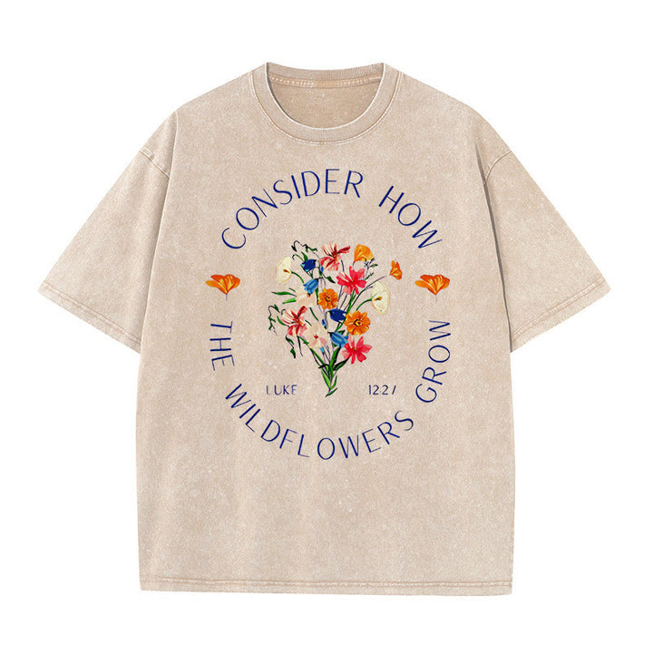 Christianartworkshop "Bedenke, wie die Wildblumen wachsen" Unisex gewaschenes T-Shirt - Aprikose - 5XL - image 7