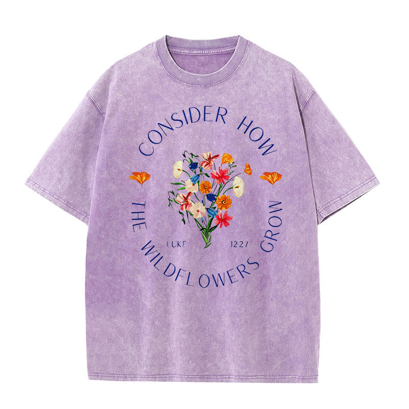 Christianartworkshop "Bedenke, wie die Wildblumen wachsen" Unisex gewaschenes T-Shirt - Lila - 5XL - image 8