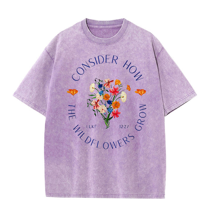 Christianartworkshop "Bedenke, wie die Wildblumen wachsen" Unisex gewaschenes T-Shirt - Lila - 5XL - image 8