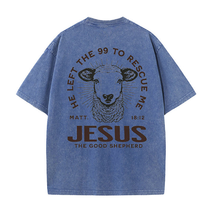 Christianartworkshop "Er verließ die 99, um mich zu retten" Unisex gewaschenes T-Shirt - Blau - 5XL - image 3