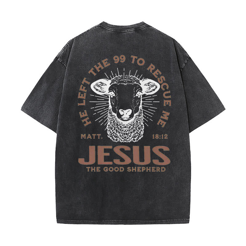 Christianartworkshop "Er verließ die 99, um mich zu retten" Unisex gewaschenes T-Shirt - Schwarz - 5XL - image 0