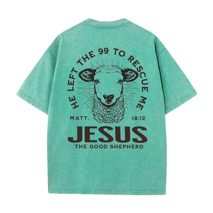 Christianartworkshop "Er verließ die 99, um mich zu retten" Unisex gewaschenes T-Shirt - Grün - 5XL - image 17