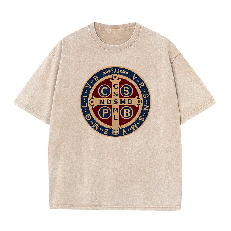 Christianartworkshop St. Benedikt-Medaille Heiliges Kreuz Unisex gewaschenes T-Shirt - Aprikose - 5XL - image 7