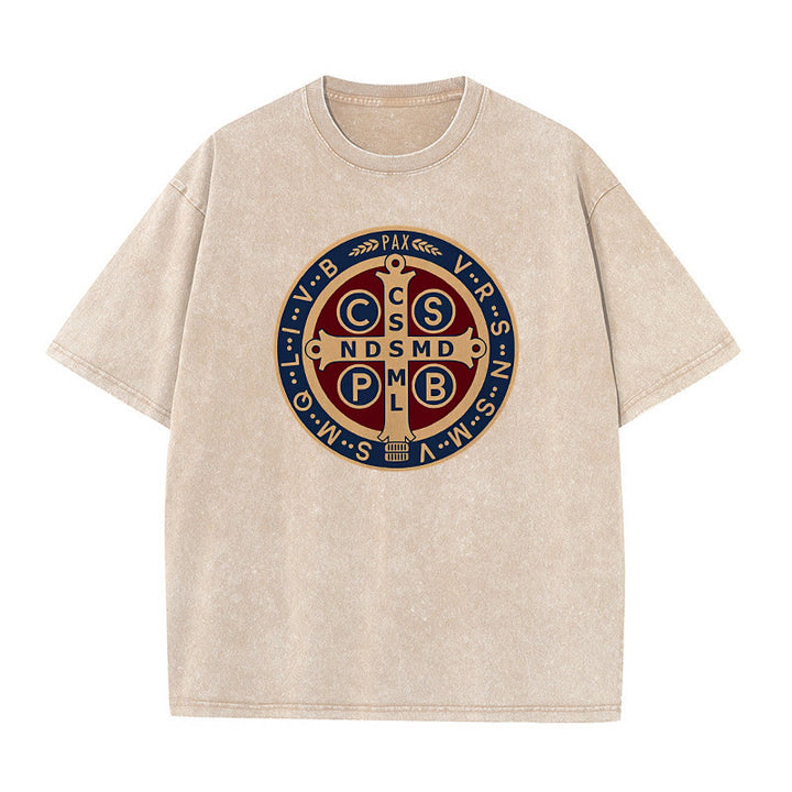 Christianartworkshop St. Benedikt-Medaille Heiliges Kreuz Unisex gewaschenes T-Shirt - Aprikose - 5XL - image 7