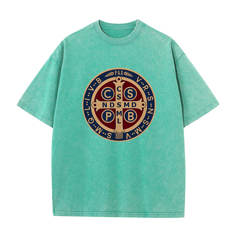 Christianartworkshop St. Benedikt-Medaille Heiliges Kreuz Unisex gewaschenes T-Shirt - Grün - 5XL - image 9
