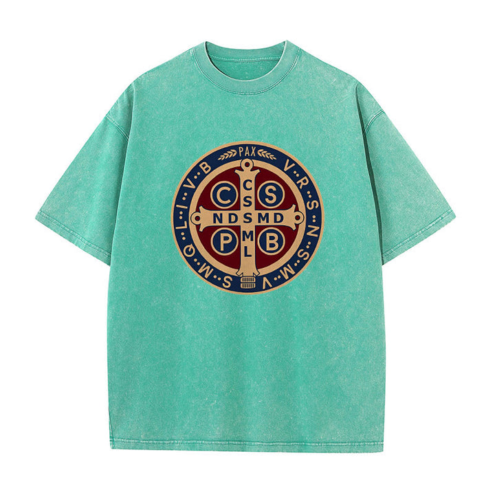 Christianartworkshop St. Benedikt-Medaille Heiliges Kreuz Unisex gewaschenes T-Shirt - Grün - 5XL - image 9
