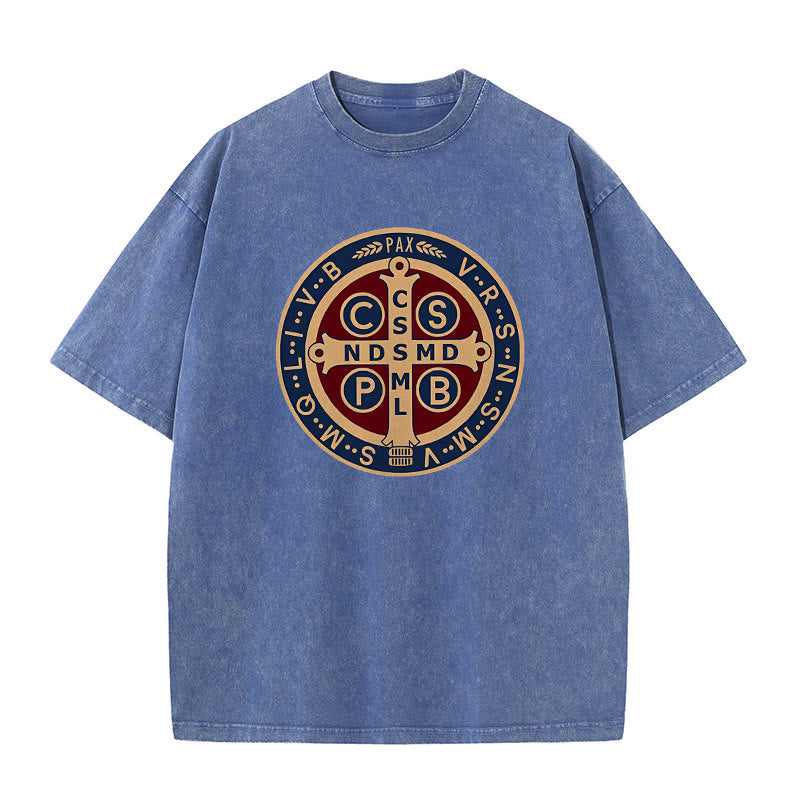 Christianartworkshop St. Benedikt-Medaille Heiliges Kreuz Unisex gewaschenes T-Shirt - Blau - 5XL - image 1