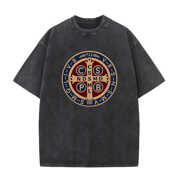 Christianartworkshop St. Benedikt-Medaille Heiliges Kreuz Unisex gewaschenes T-Shirt - Schwarz - 5XL - image 1
