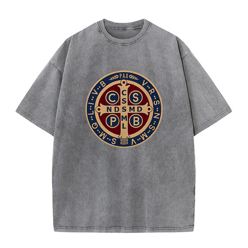 Christianartworkshop St. Benedikt-Medaille Heiliges Kreuz Unisex gewaschenes T-Shirt - Grau - 5XL - image 3