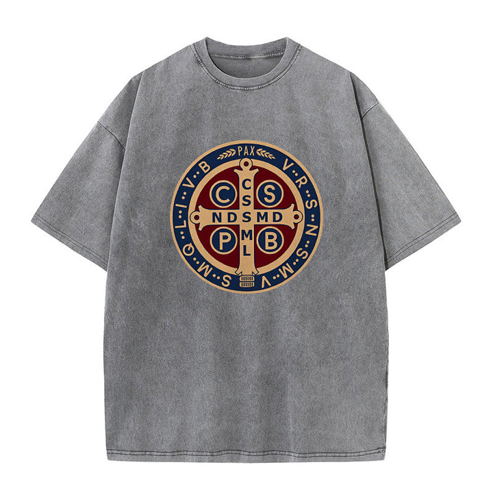 Christianartworkshop St. Benedikt-Medaille Heiliges Kreuz Unisex gewaschenes T-Shirt - Grau - 5XL - image 3