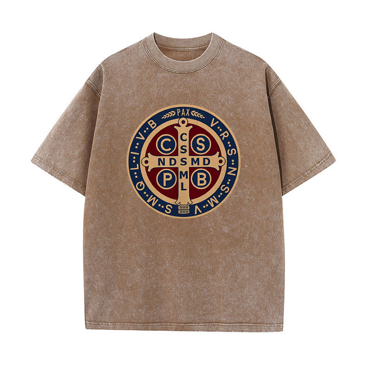 Christianartworkshop St. Benedikt-Medaille Heiliges Kreuz Unisex gewaschenes T-Shirt - Kaffee - 5XL - image 5