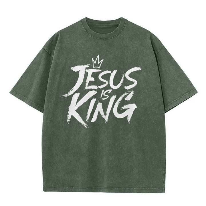 Christianartworkshop Unisex-T-Shirt mit Aufschrift „Jesus ist König“, gewaschen - Armeegrün - 5XL - image 6