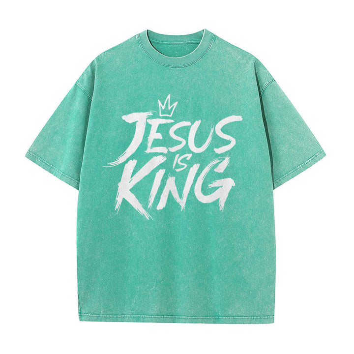 Christianartworkshop Unisex-T-Shirt mit Aufschrift „Jesus ist König“, gewaschen - Grün - 5XL - image 9