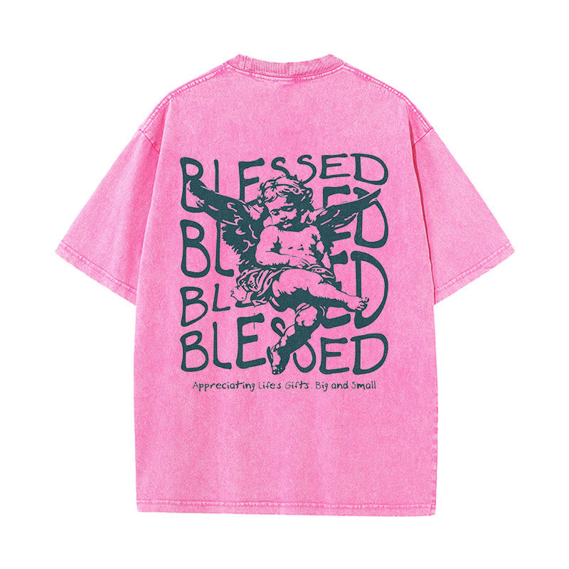 Christianartworkshop Inspiriertes gesegnetes T-Shirt mit Cherub-Design, Unisex, gewaschenes T-Shirt - Rosa - 5XL - image 14