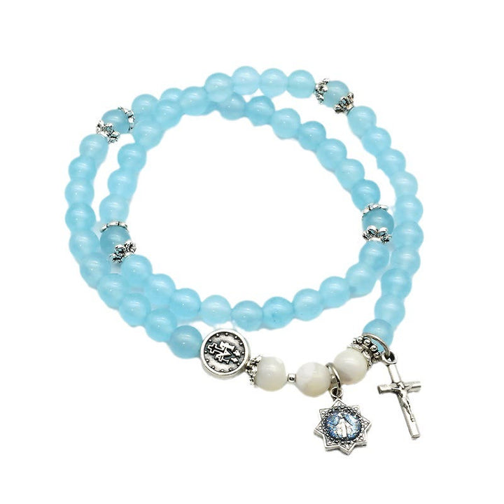 Christianartworkshop 6 mm hellblaue Perle Wundermedaille & Kruzifix Minimalistisches Armband: Ein Symbol des Glaubens - image 5