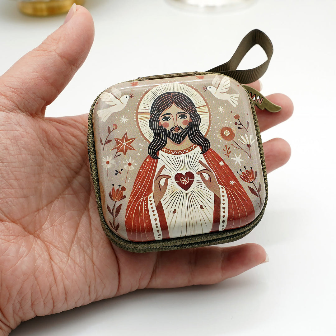 Christianartworkshop 9 Muster Cartoon-Stil Quadratische Rosenkranz-Etuis: Eine schöne Mischung aus Glauben und Funktion