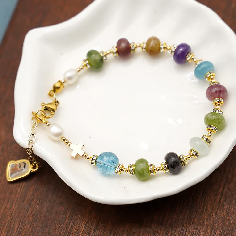 Armband „Wundermedaille & Kreuz“ aus rundem, mehrfarbigem, natürlichem Turmalin-Achat von Christianartworkshop - image 2