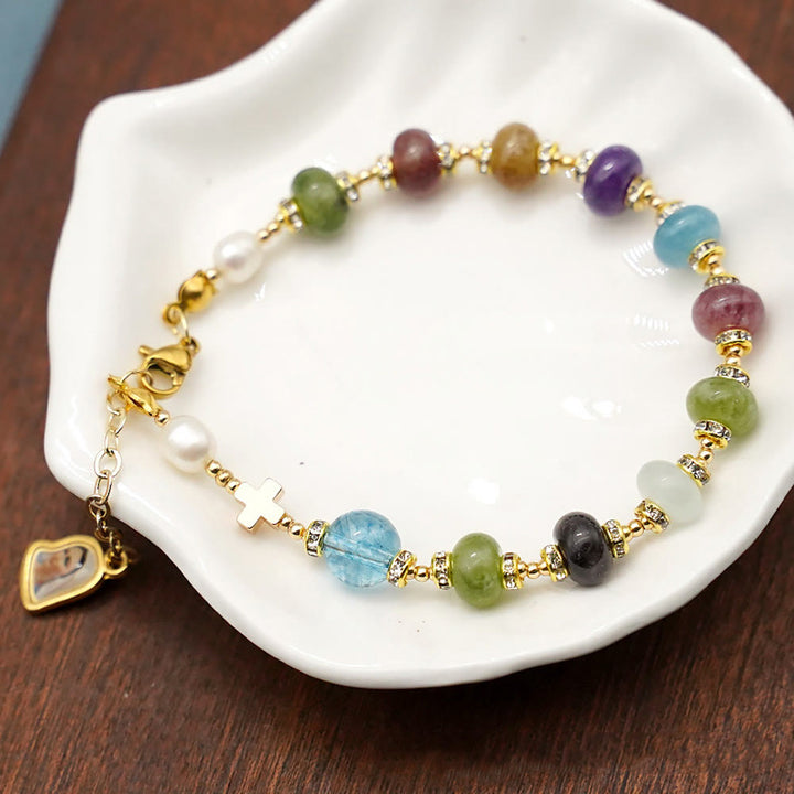 Armband „Wundermedaille & Kreuz“ aus rundem, mehrfarbigem, natürlichem Turmalin-Achat von Christianartworkshop - image 2