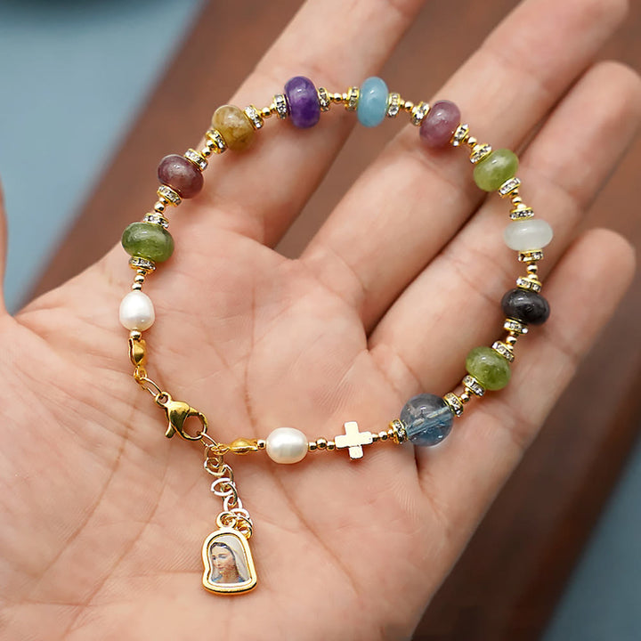 Christianartworkshop Wundertätige Medaille und Kreuz aus rundem, mehrfarbigem natürlichem Turmalin-Achat-Armband - image 4