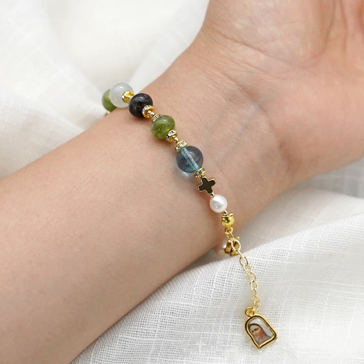 Armband „Wundermedaille & Kreuz“ aus rundem, mehrfarbigem, natürlichem Turmalin-Achat von Christianartworkshop - image 6