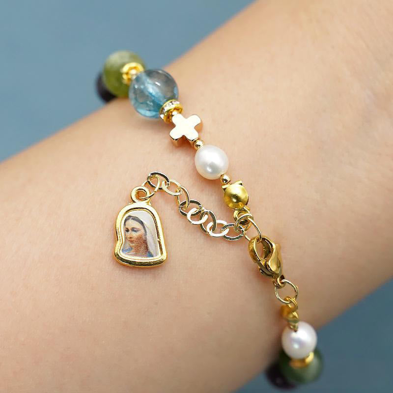 Armband „Wundermedaille & Kreuz“ aus rundem, mehrfarbigem, natürlichem Turmalin-Achat von Christianartworkshop - image 5