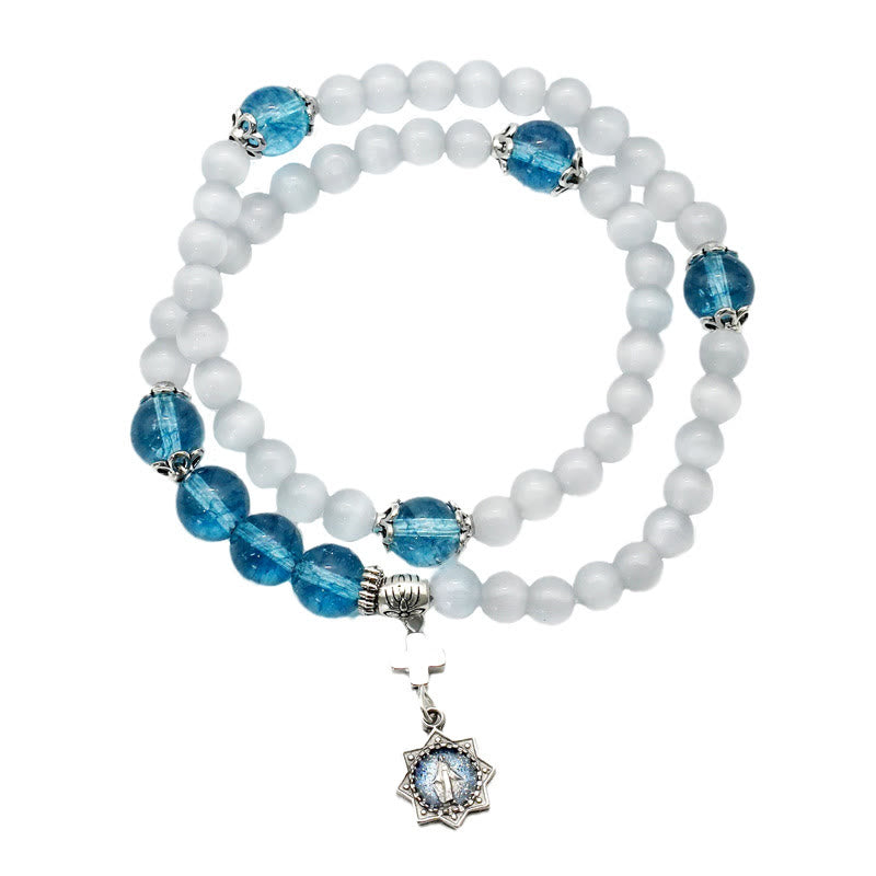 Christianartworkshop Minimalistisches verstellbares Armband mit bunten Katzenaugensteinen und Wundertätiger Medaille - Warmes Grau - image 10