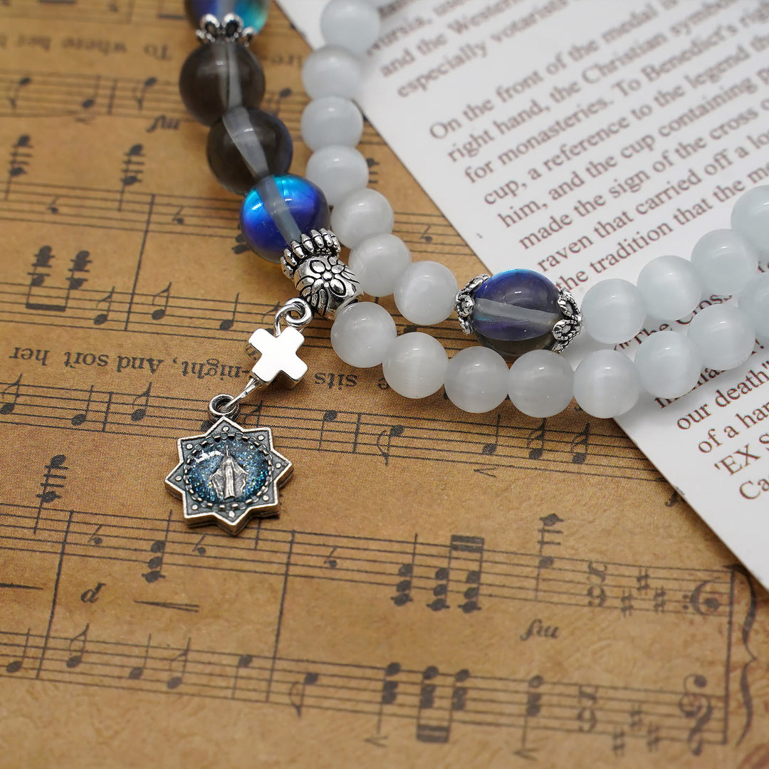 Christianartworkshop Minimalistisches verstellbares Armband mit bunten Katzenaugensteinen und Wundertätiger Medaille - image 3