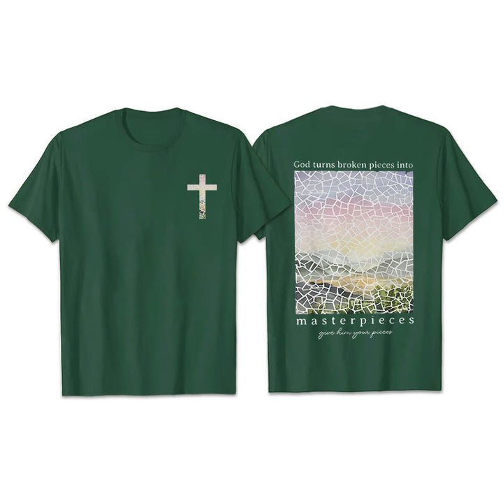 Christianartworkshop T-Shirt mit Aufschrift „Gott verwandelt zerbrochene Stücke in Meisterwerke“