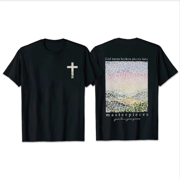 Christianartworkshop T-Shirt mit Aufschrift „Gott verwandelt zerbrochene Stücke in Meisterwerke“