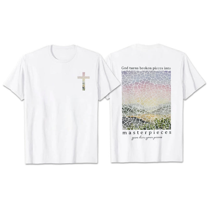 Christianartworkshop T-Shirt mit Aufschrift „Gott verwandelt zerbrochene Stücke in Meisterwerke“