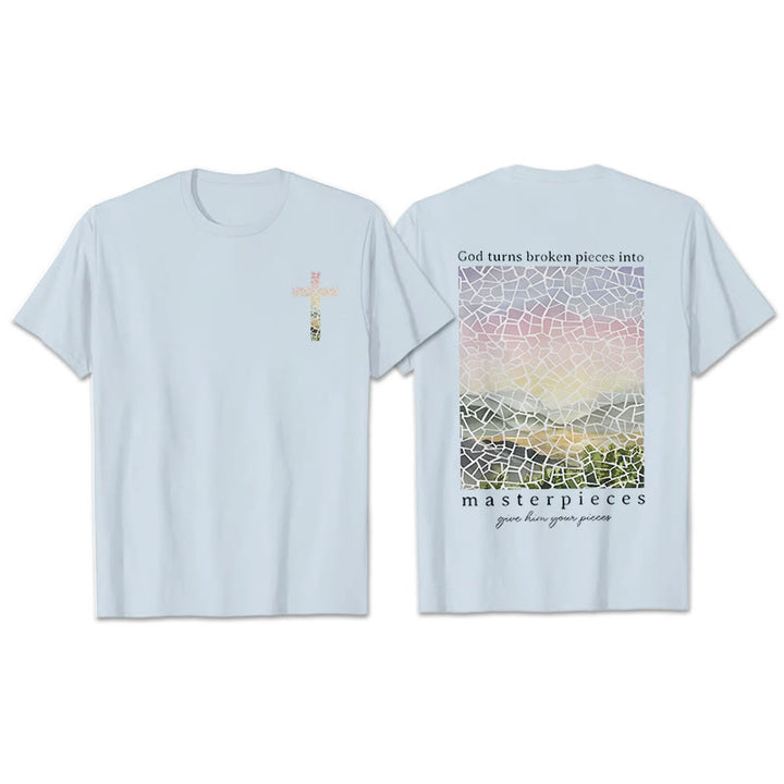 Christianartworkshop T-Shirt mit Aufschrift „Gott verwandelt zerbrochene Stücke in Meisterwerke“