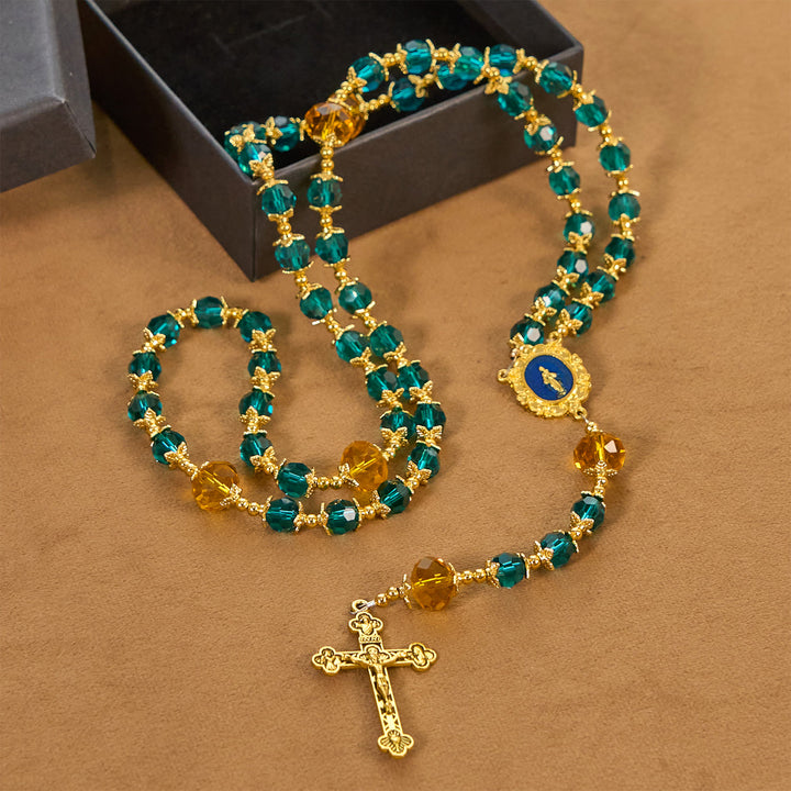 Christianartworkshop Jesus ist das Geschenk: Handgefertigter Rosenkranz aus pfauenblauen Kristallperlen mit Geschenkkarte - image 13