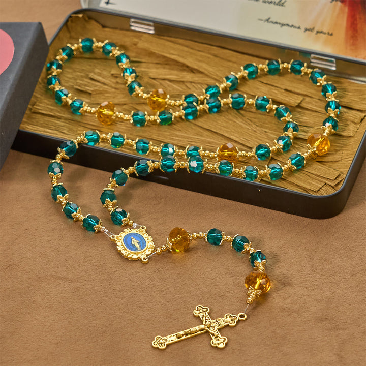 Christianartworkshop Jesus ist das Geschenk: Handgefertigter Rosenkranz aus pfauenblauen Kristallperlen mit Geschenkkarte - image 5